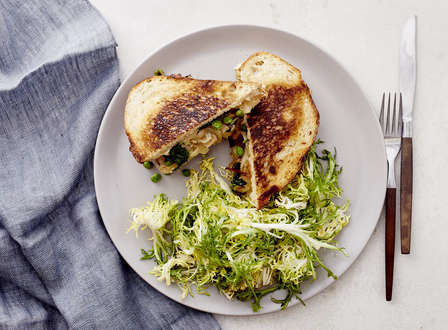 Salsify Pea and Sweet Onion Gruyere Paninis with Frisee Salad